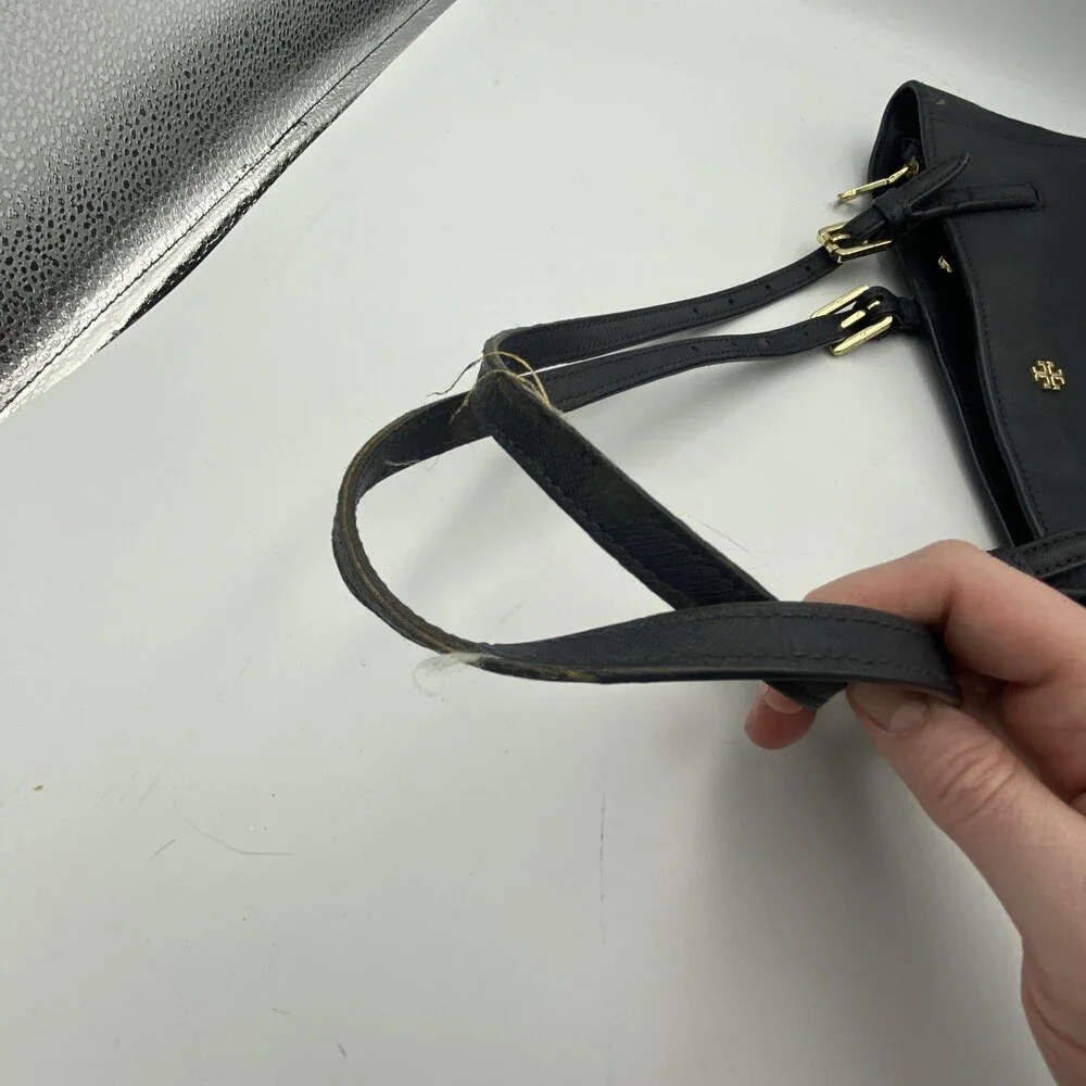 Tory Burch Tote Bag Womens Large Black Leather Shoulder Purse Blue Lining